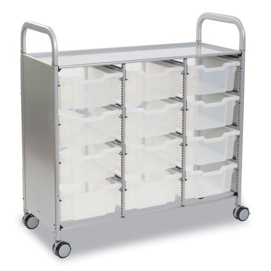 Callero Plus Treble Column Trolley Set 13, Metal, 1 Shelf, 12 F2 Deep Bins, 40.6" x 17.3" x 41.5", Silver/Translucent Frost1