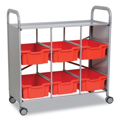 Callero Plus Treble Column Trolley Set 16, Metal, 1 Shelf, 6 F2 Deep Bins, 40.6" x 17.3" x 41.5", Silver/Flame Red1