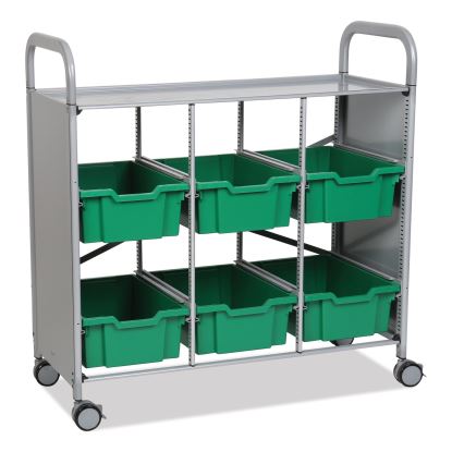 Callero Plus Treble Column Trolley Set 16, Metal, 1 Shelf, 6 F2 Deep Bins, 40.6" x 17.3" x 41.5", Silver/Grass Green1