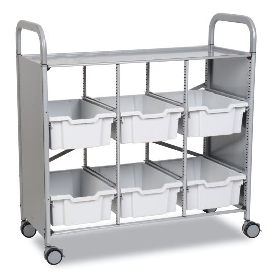 Callero Plus Treble Column Trolley Set 16, Metal, 1 Shelf, 6 F2 Deep Bins, 40.6" x 17.3" x 41.5", Silver/Light Gray1