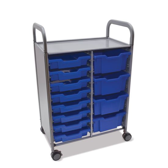 Callero Plus Double Column Trolley Set 18, Metal, 1 Shelf, 8 F1 Bins, 4 F2 Bins, 27.4" x 17.3" x 41.5", Silver/Royal Blue1