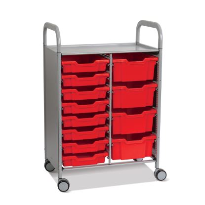 Callero Plus Double Column Trolley Set 18, Metal, 1 Shelf, 8 F1 Bins, 4 F2 Bins, 27.4" x 17.3" x 41.5", Silver/Flame Red1