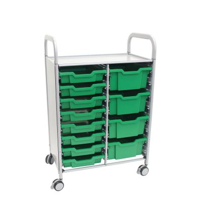 Callero Plus Double Column Trolley Set 18, Metal, 1 Shelf, 8 F1 Bins, 4 F2 Bins, 27.4" x 17.3" x 41.5", Silver/Grass Green1