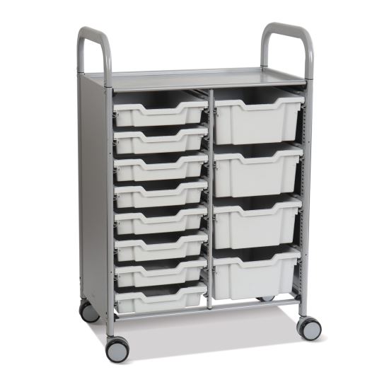 Callero Plus Double Column Trolley Set 18, Metal, 1 Shelf, 8 F1 Bins, 4 F2 Bins, 27.4" x 17.3" x 41.5", Silver/Light Gray1