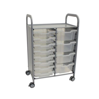 Callero Plus Double Column Trolley Set 18, Metal, 1 Shelf, 8 F1 Bins, 4 F2 Bins, 27.4" x 17.3" x 41.5", Silver/Trans Frost1