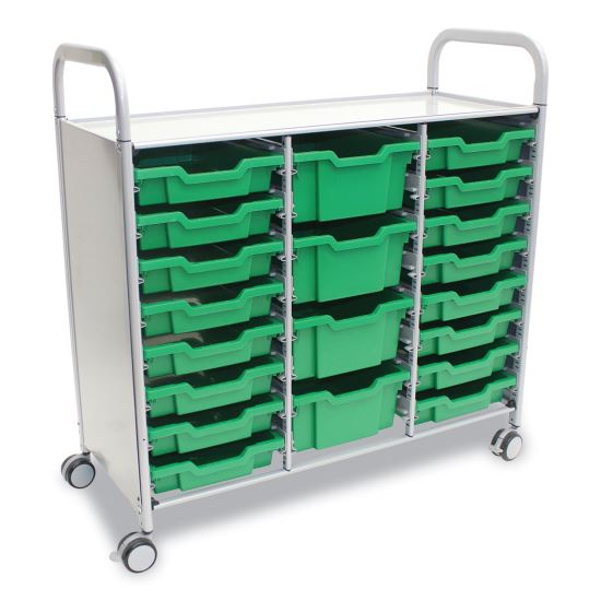 Callero Plus Treble Column Trolley Set 17, Metal, 1 Shelf, 16 F1 Bins, 4 F2 Bins, 40.6" x 17.3" x 41.5", Silver/Grass Green1