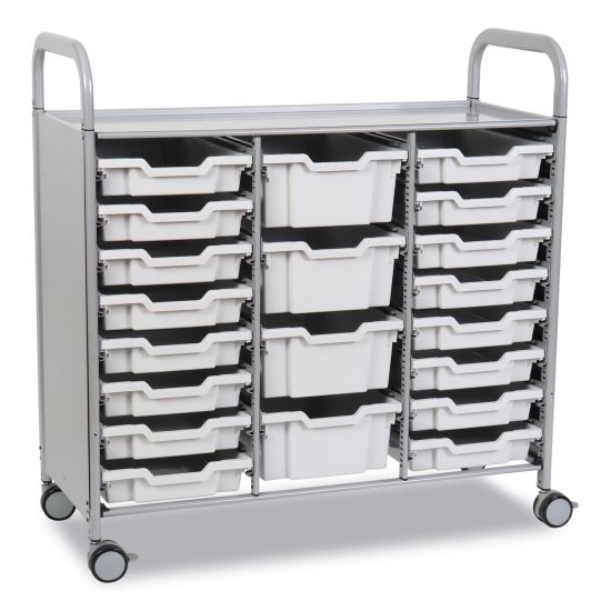 Callero Plus Treble Column Trolley Set 17, Metal, 1 Shelf, 16 F1 Bins, 4 F2 Bins, 40.6" x 17.3" x 41.5", Silver/Light Gray1