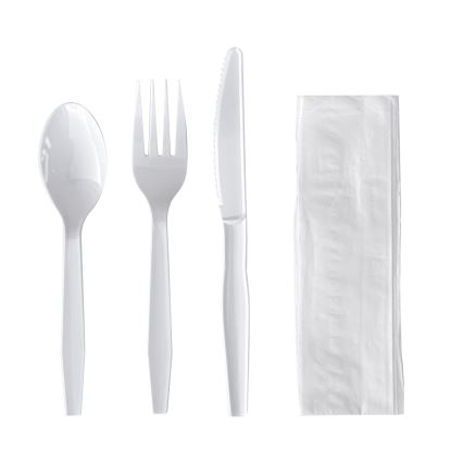 Four-Piece Cutlery Kit, Fork/Knife/Napkin/Teaspoon, Mediumweight, Polystyrene, White, 250/Carton1