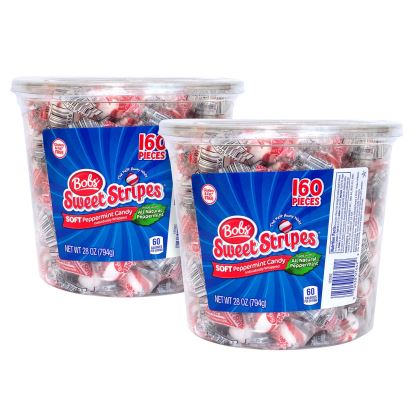 Bobs Sweet Stripes Soft Candy, Peppermint, 0.18 oz Individually Wrapped, 160/Tub, 2 Tubs/Carton, Ships in 1-3 Business Days1