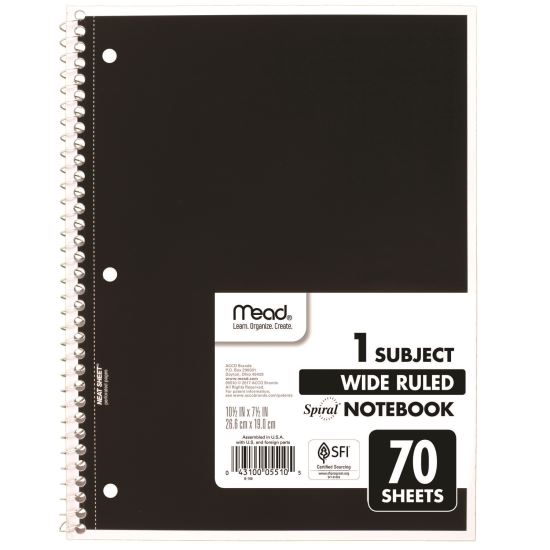 Spiral Notebook, 1-Subject, Wide/Legal Rule, Randomly Assorted Cover Color, (70) 8 x 10.5 Sheets, 4/Pack1