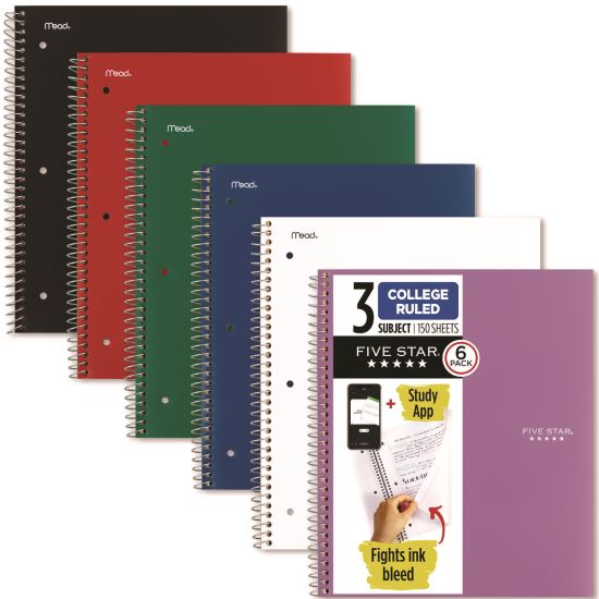 Wirebound Notebook, 3-Subject, Medium/College Rule, Assorted Cover Colors, (150) 11 x 9.13 Sheets, 6/Pack1