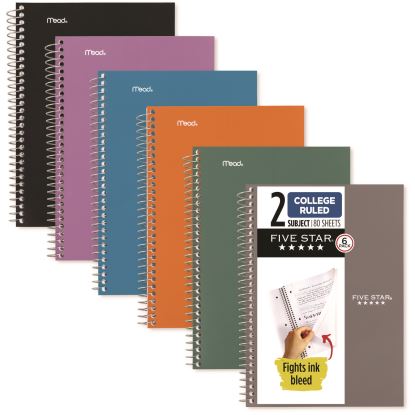 Wirebound Notebook, 2-Subject, Medium/College Rule, Assorted Cover Color, (80) 9.5 x 6.52 Sheets, 6/Pack1