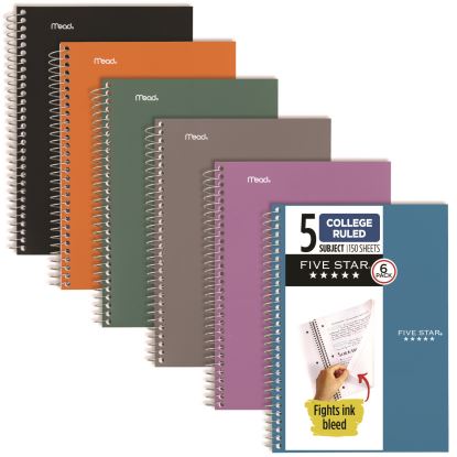 Wirebound Notebook, 5-Subject, Medium/College Rule, Assorted Cover Color, (150) 9.5 x 6.63 Sheets, 6/Pack1