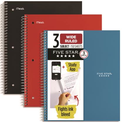 Wirebound Notebook, 3-Subject, Wide/Legal Rule, Assorted Cover Color, (150) 10.5 x 8.63 Sheets, 3/Pack1