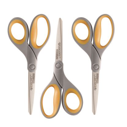 Titanium Bonded Scissors, 8" Long, 3.5" Cut Length, Gray/Yellow Straight Handle, 3/Pack1