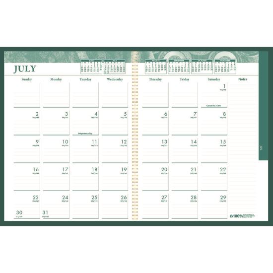 100% Recycled MonoBright Monthly/Weekly Planner, 11 x 8.5, Green/Gold Cover, 12-Month (July to June): 2024 to 20251