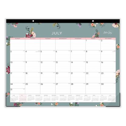 Greta Academic Year Desk Pad Calendar, Floral Artwork, 22 x 17, White/Green/Pink Sheets, 12-Month (July to June): 2024-20251