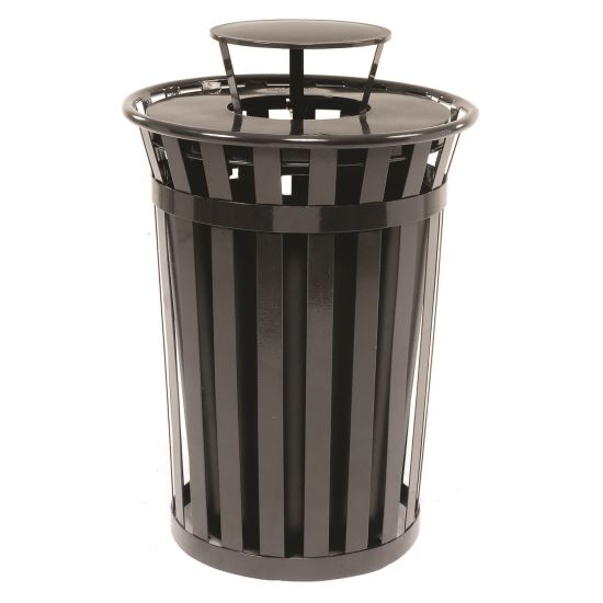 Outdoor Slatted Steel Trash Can, Rain Bonnet Lid, 36 gal, Black1