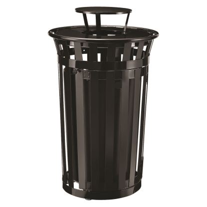 Outdoor Slatted Steel Trash Can, With Access Door and Rain Bonnet Lid, 36 gal, Black1