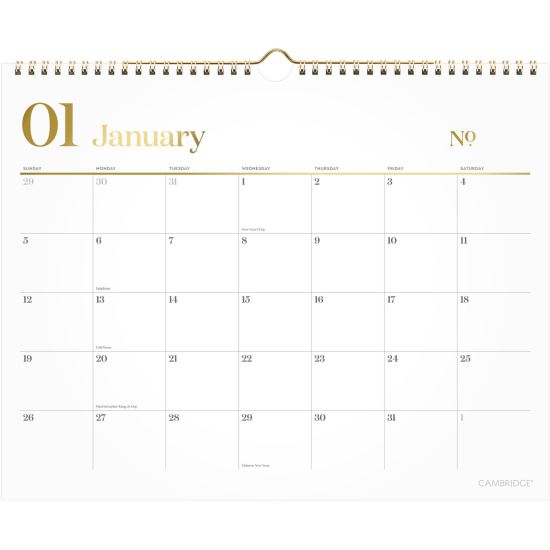 WorkStyle Monthly Wall Calendar, 15 x 12, White/Gold Sheets, 12-Month (Jan to Dec): 20251