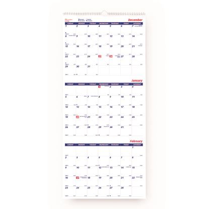 Three-Month Wall Calendar, 12.25" x 27", White/Blue Sheets, 14-Months: Dec 2024 to Jan 20261