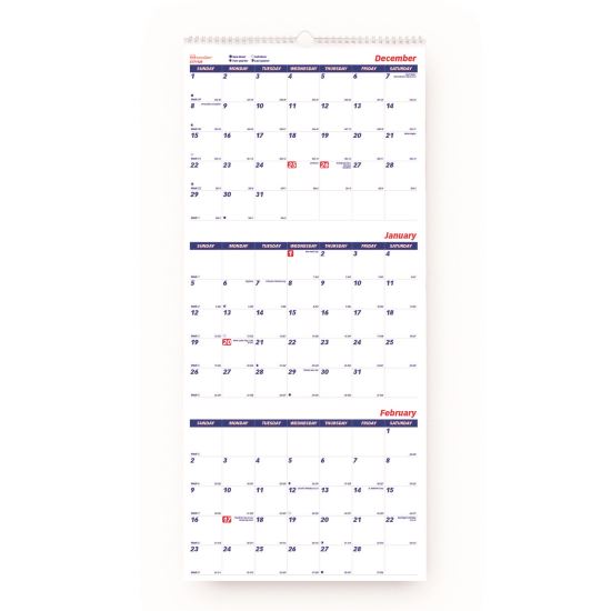 Three-Month Wall Calendar, 12.25" x 27", White/Blue Sheets, 14-Months: Dec 2024 to Jan 20261