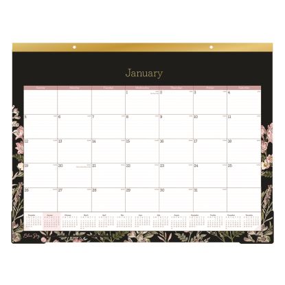 Neveah Monthly Desk Pad Calendar, Floral Artwork, 22" x 17", White/Black/Pink Sheets, Gold Headband, 12-Month (Jan-Dec): 20251