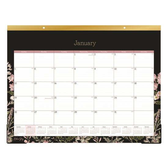 Neveah Monthly Desk Pad Calendar, Floral Artwork, 22" x 17", White/Black/Pink Sheets, Gold Headband, 12-Month (Jan-Dec): 20251