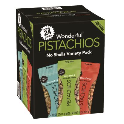 No Shells Roasted and Salted Pistachios Variety Pack, Assorted Flavors, 0.75 oz Bag, 24/Carton1