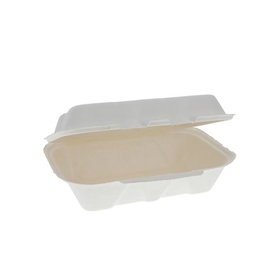 EarthChoice PFAS Free Compostable Hinged Lid Container, 9 x 6 x 3, Natural, Sugarcane, 150/Carton1