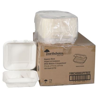 EarthChoice PFAS Free Compostable Hinged Lid Container, 3-Compartment, 8 x 8 x 3, Natural, Sugarcane, 150/Carton1