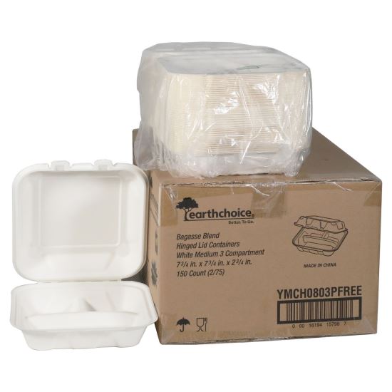 EarthChoice PFAS Free Compostable Hinged Lid Container, 3-Compartment, 8 x 8 x 3, Natural, Sugarcane, 150/Carton1