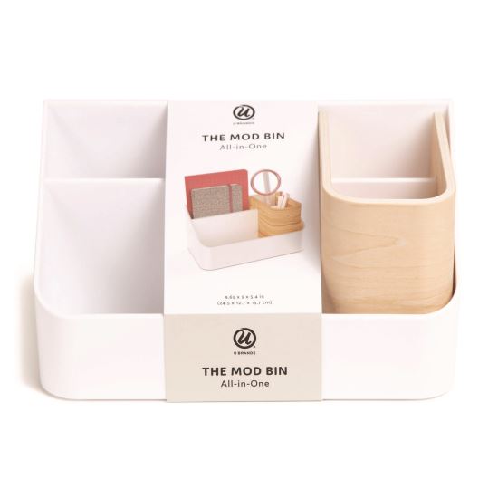 Mod All-in-One Desktop Organizer, 4 Compartments, 5.39 x 9.65 x 5.08, Plastic/Wood, White1