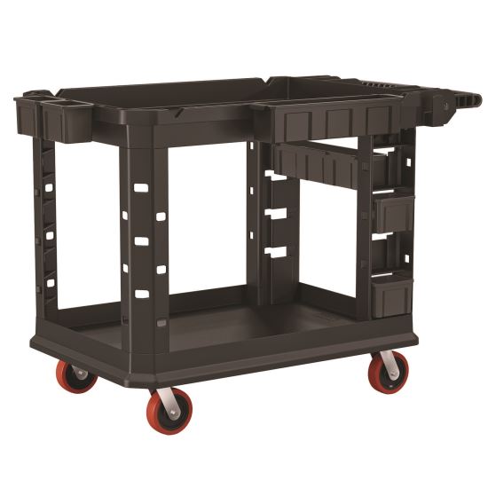 Heavy Duty Plus Utility Cart, Plastic, 2 Shelves, 6 Bins, Capacity, 26.5" x 48.78" x 34.81", Black1