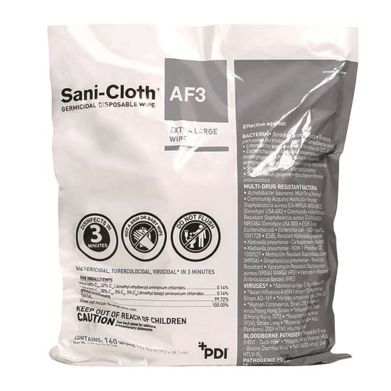 AF3 Germicidal Disposable Wipes, 1-Ply, 7.5 x 15, Unscented, White, 160 Wipes/Zip Seal Bag1