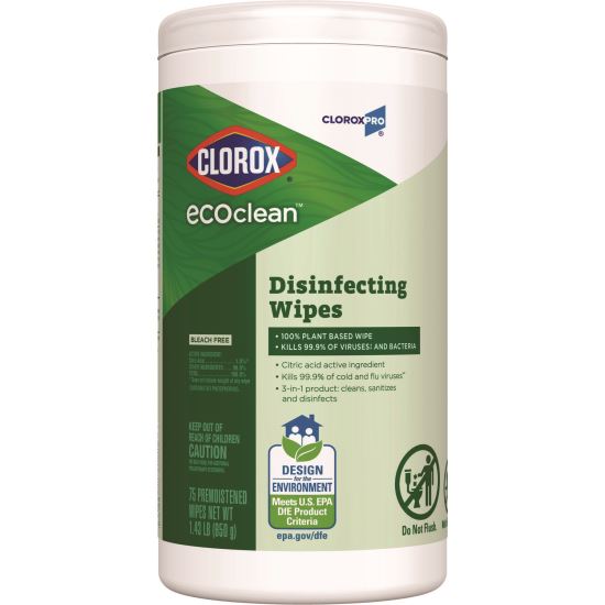 EcoClean Disinfecting Wipes, 1-Ply, 8 x 7, Unscented, White1