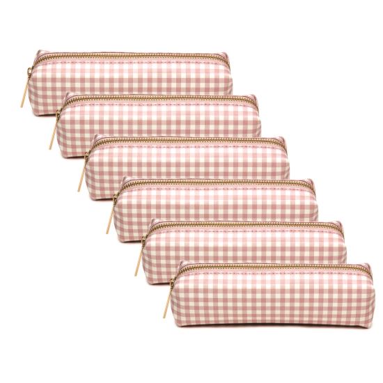 Pencil Case, 7.9 x 2 x 2, Pink and White Check, 6/Pack1