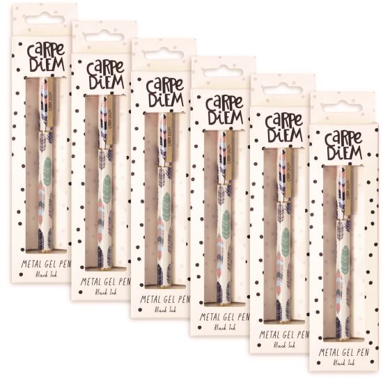 Carpe Diem All Metal Gel Pens Gel Pen, Stick, Medium 0.7 mm, Black Ink, White/Blue/Green Feather Barrel, 6/Pack1