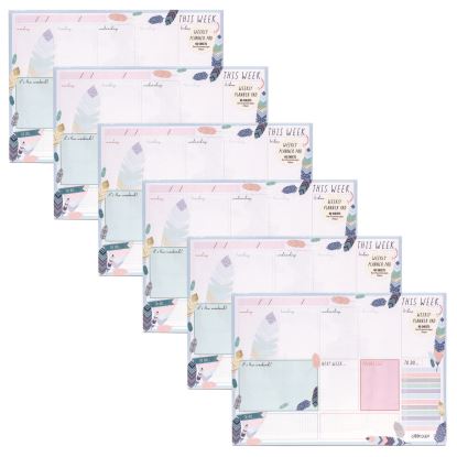 Weekly Planner Pad, Feathers, 11.7 x 8.3, Blue/Cream/Pink Cover, 12-Month, Undated, 6/Pack1