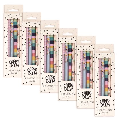 Carpe Diem Ballpoint Pen, Stick, Medium 0.7 mm, Black Ink, Assorted Ditzy Floral Collection, 4 Pens/Pack, 6 Packs/Box1