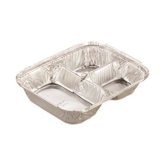 Aluminum Oblong Container with Lid, 3-Compartment, 24 oz, 8.5 x 6.38 x 1.47, Silver, 500/Carton1