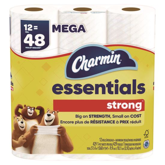 Essentials Strong Bathroom Tissue, Septic Safe, 1-Ply, White, 429/Roll, 12 Rolls/Pack1