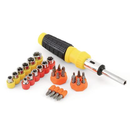 Ratcheting Screw/Nut Driver Set, 34-Piece, Hex/Phillips/Slotted/Star Bits, Metric/SAE Sockets, 8" Long, Yellow/Black Handle1