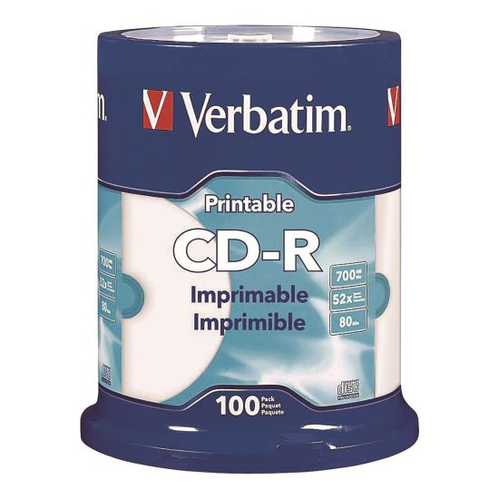 CD-R Printable Recordable Disc, 700 MB/80 min, 52x, Spindle, White, 100/Pack1