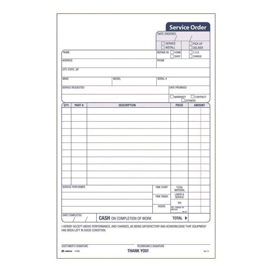 Work Order Form, Three-Part Carbonless, 5.66 x 9, 250 Sets/Pack1