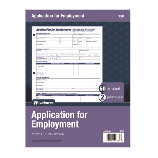 Employment Applications, One-Part (No Copies), 11 x 8.38, 50 Forms/Pad, 2 Pads/Pack1