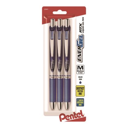 EnerGel RTX Gel Pen, Retractable, Medium 0.7 mm, Blue Ink, Blue/Silver Barrel, 3/Pack1