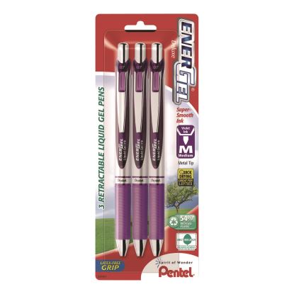 EnerGel RTX Deluxe Gel Pen, Retractable, Medium 0.7 mm, Purple Ink, Purple/Silver Barrel, 3/Pack1