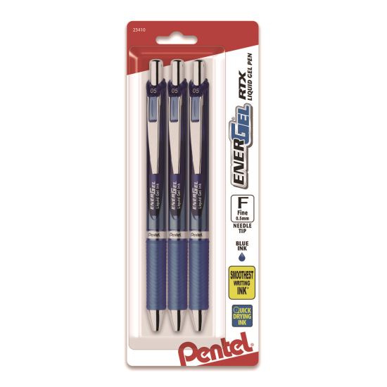 EnerGel RTX Deluxe Gel Pen, Retractable, Fine 0.5 mm, Blue Ink, Blue/Silver Barrel, 3/Pack1