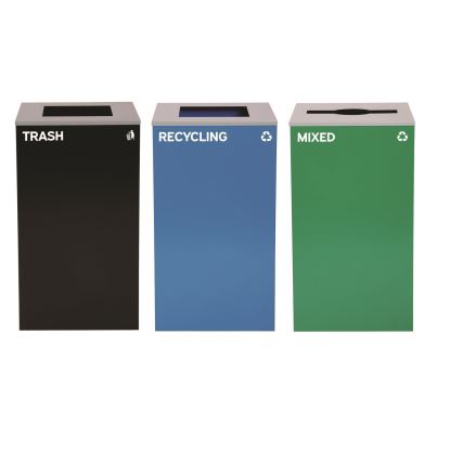 29 Gallon Trash/Recycling Cans, Steel, Blue Recycling and Black Trash Cans w/Square Lid, Green Mixed Recycling Can Mixed Lid1